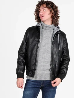Jeans Yesed Giubbotto da uomo in ecopelle con interno in pelliccia sintetica e cappuccio in felpa