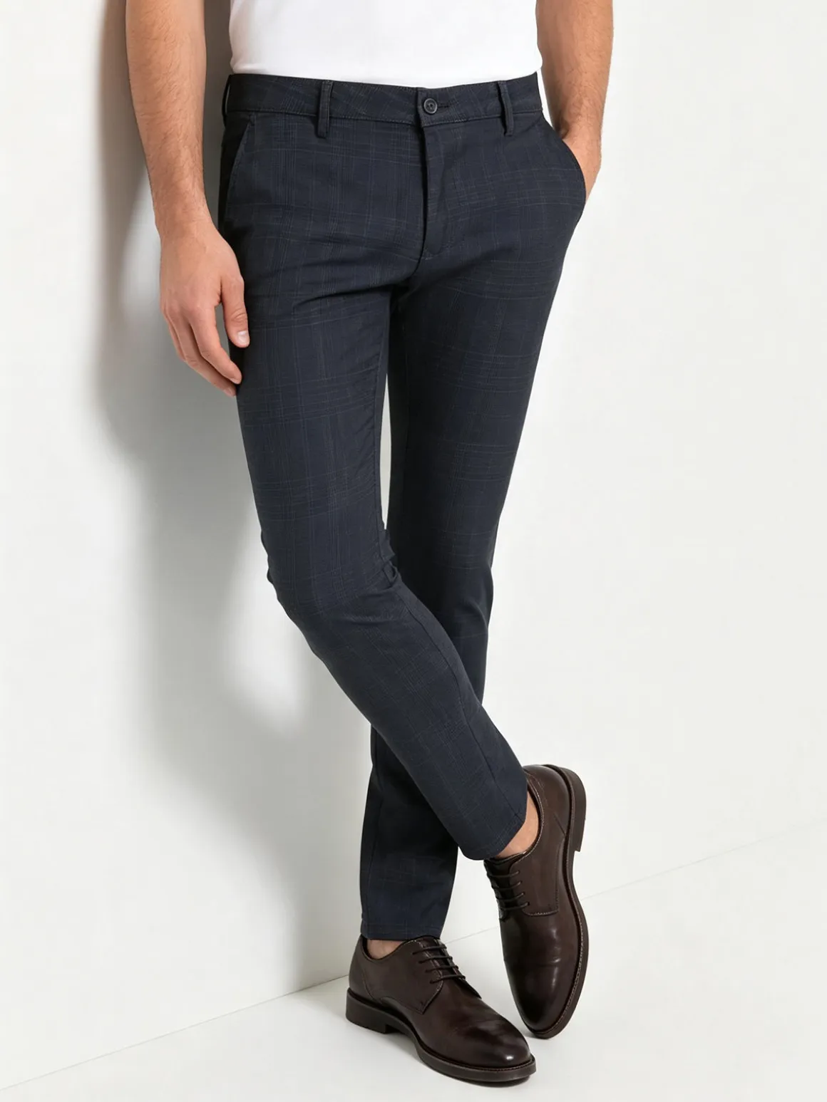 Jeans Yesed Pantaloni casual da uomo slim fit in cotone con stampa principe di galles - blu scuro