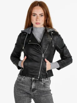 Jump & Fish Giacca donna in ecopelle con cappuccio - nero