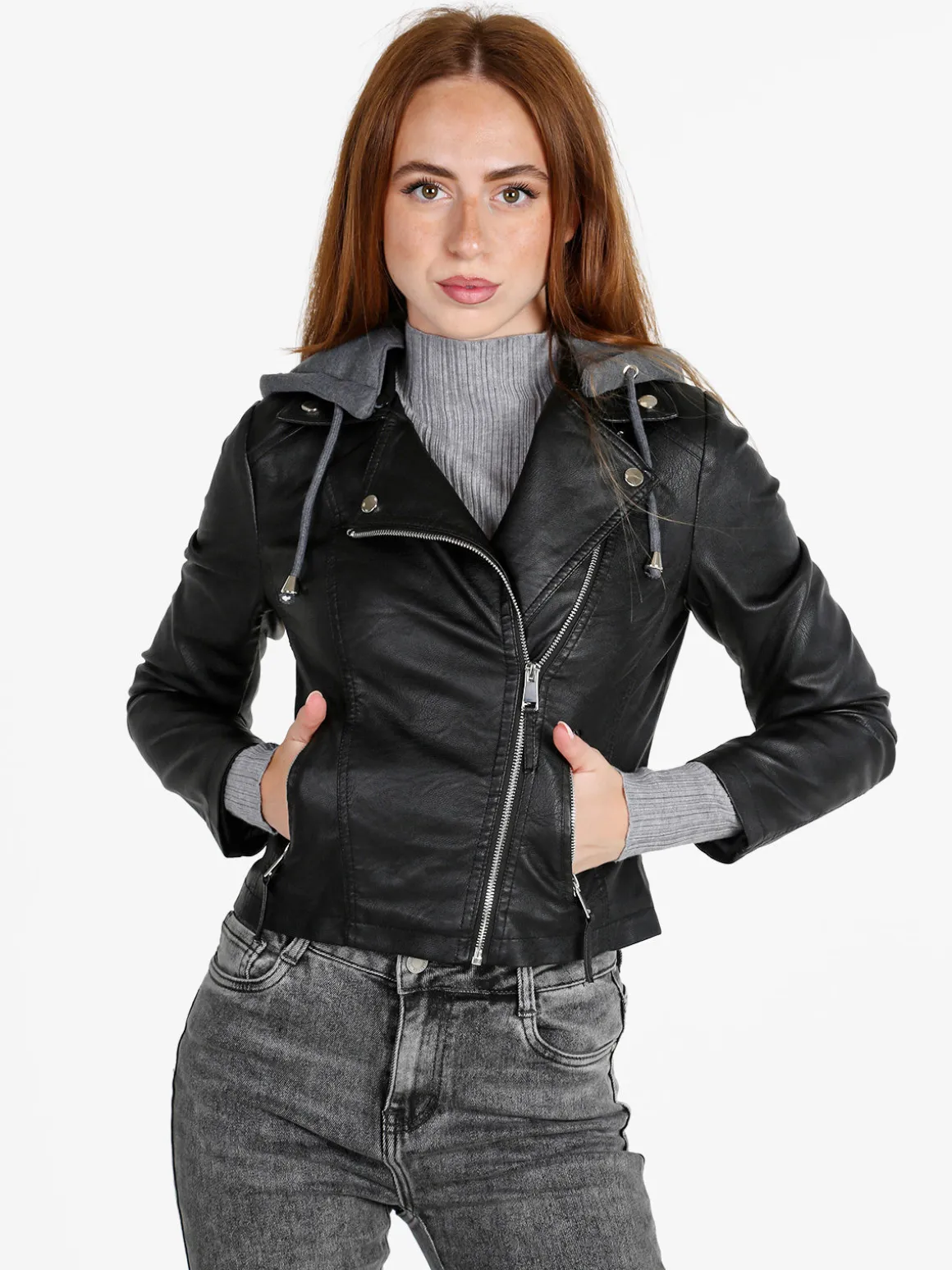 Jump & Fish Giacca donna in ecopelle con cappuccio - nero