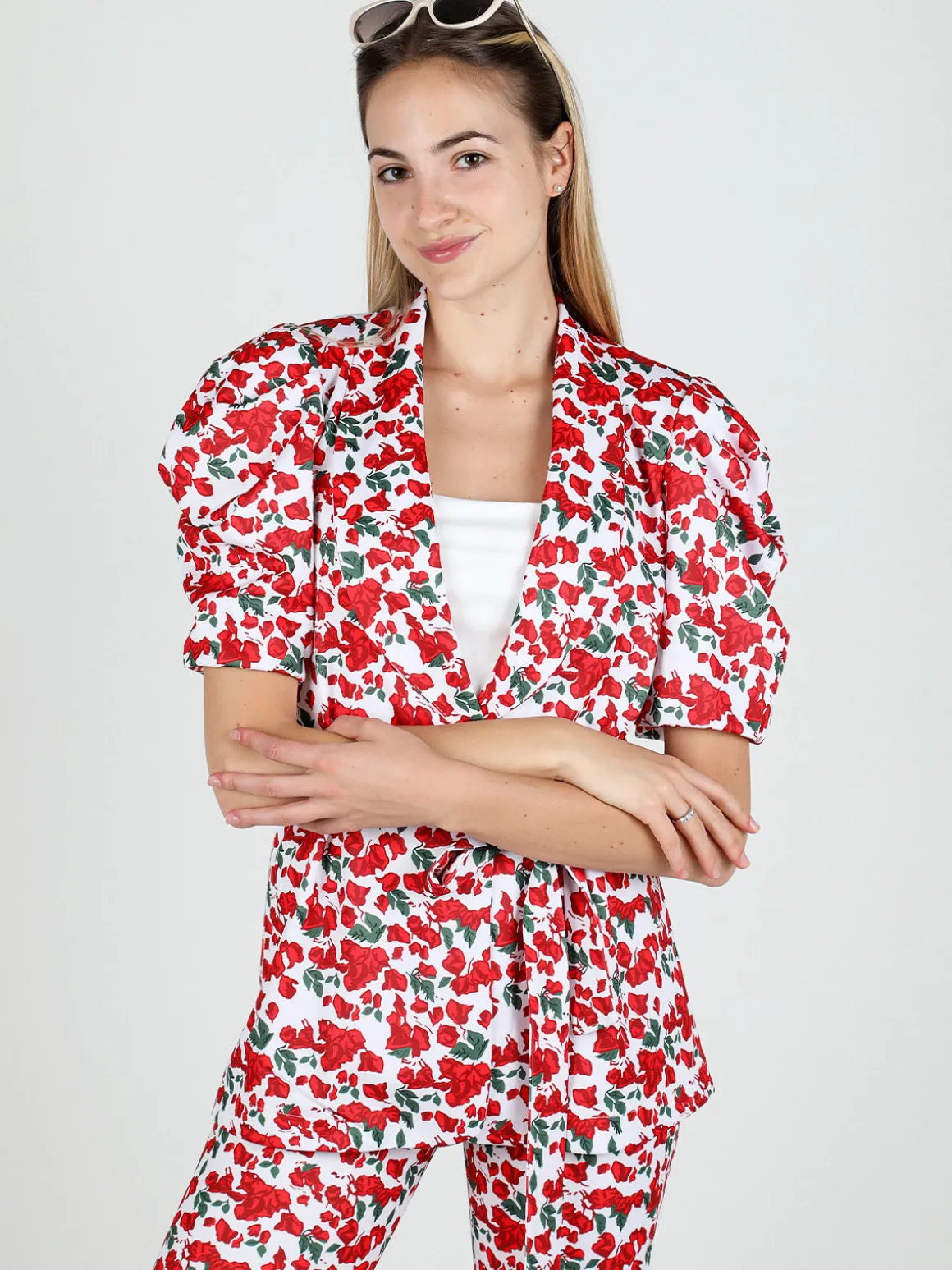 Just West Blazer donna a fantasia con maniche corte a sbuffo