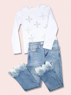 J Y Jeans crop da bambina con finale a zampa sfrangiato in macramè - jeans