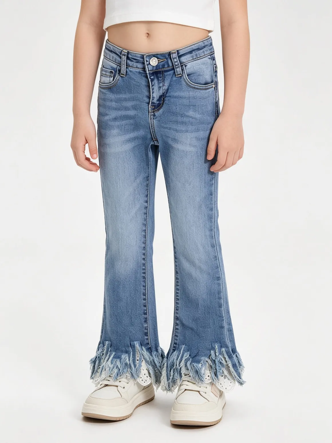 J Y Jeans crop da bambina con finale a zampa sfrangiato in macramè - jeans