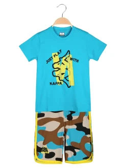 Kappa Completo corto da bambino in cotone con t-shirt e bermuda mimetici - turchese