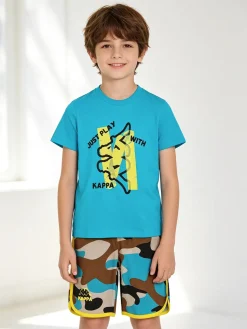 Kappa Completo corto da bambino in cotone con t-shirt e bermuda mimetici - turchese