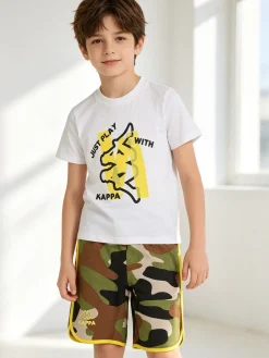 Kappa Completo corto da bambino in cotone con t-shirt e bermuda mimetici - bianco