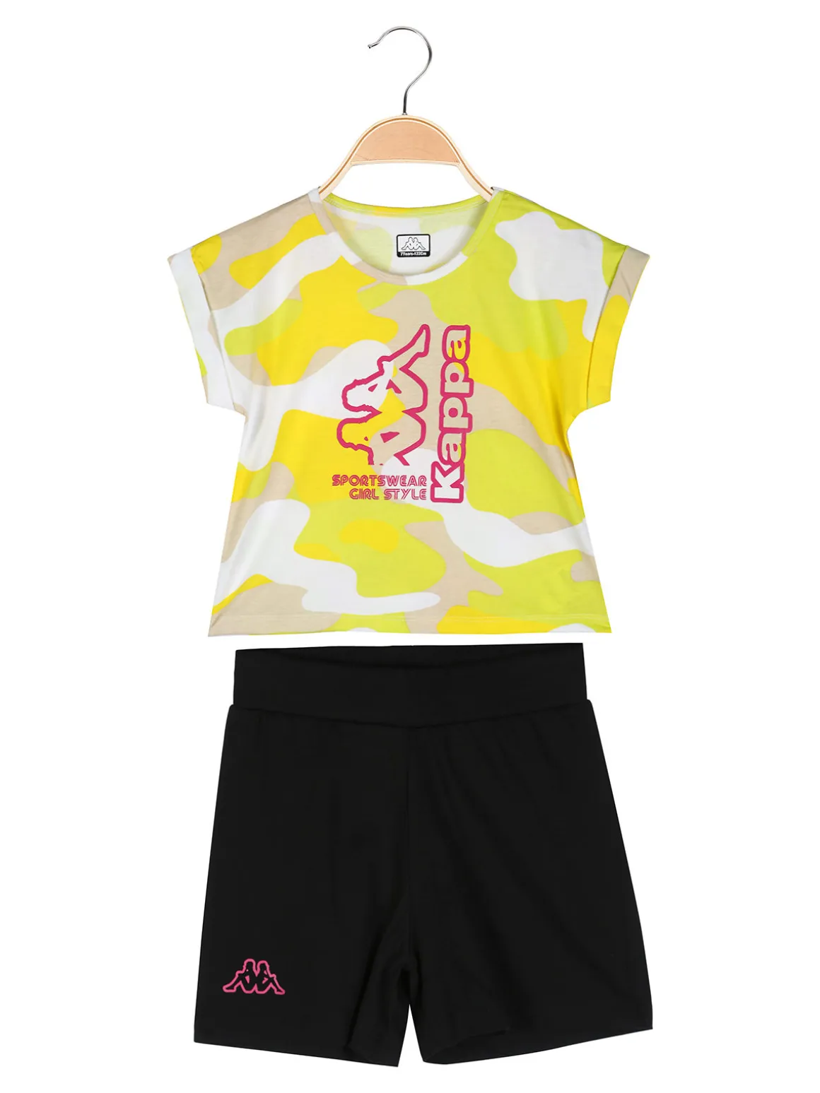 Kappa Completo corto da bambina in cotone con t-shirt mimetica e shorts - giallo