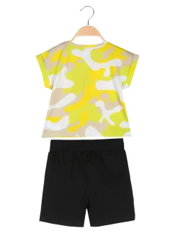 Kappa Completo corto da bambina in cotone con t-shirt mimetica e shorts - giallo