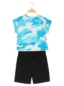 Kappa Completo corto da bambina in cotone con t-shirt mimetica e shorts - turchese