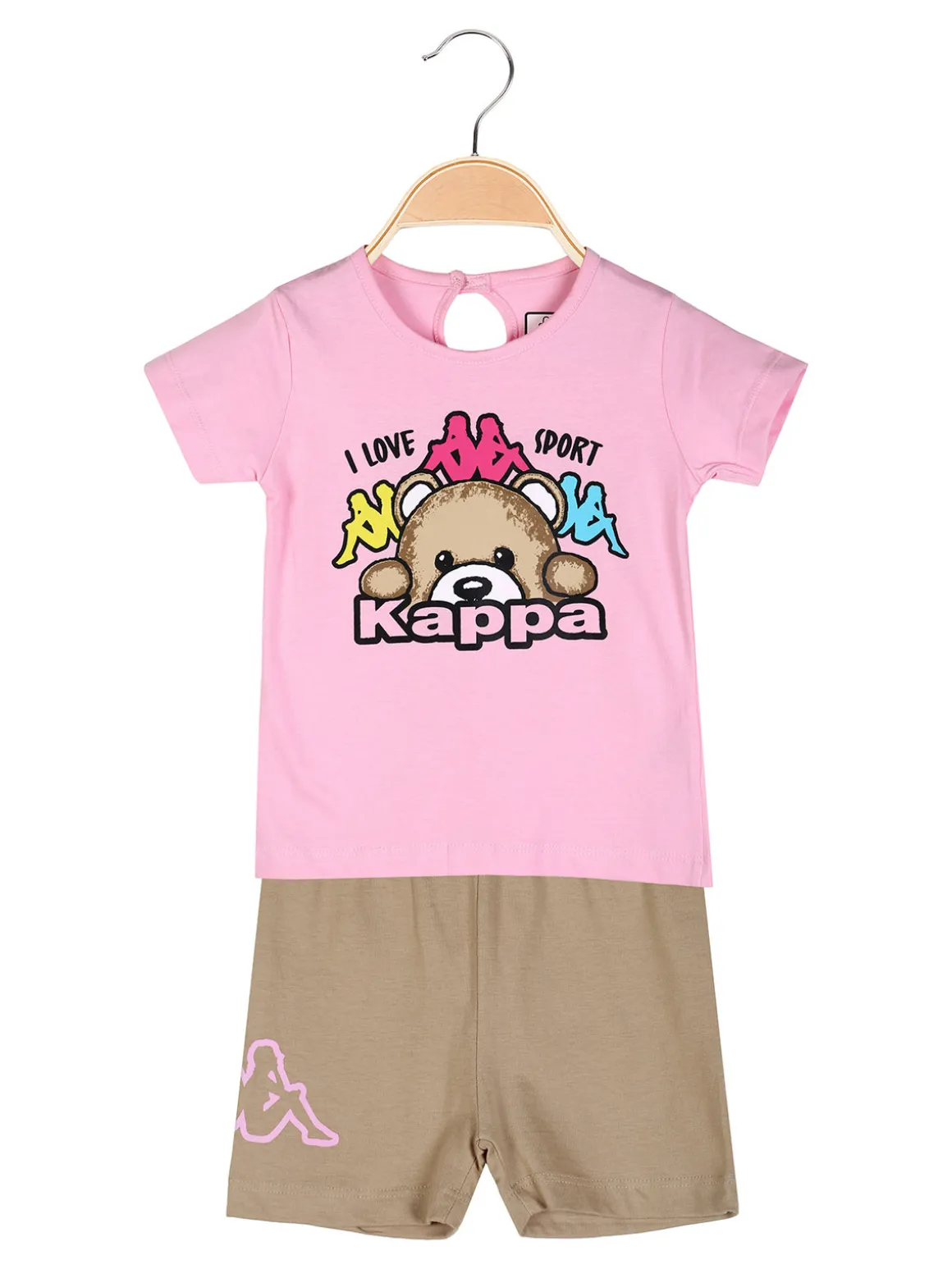 Kappa Completo corto da neonata in cotone con t-shirt orsacchiotto e shorts - rosa
