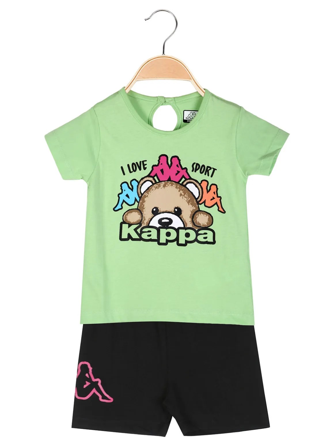 Kappa Completo corto da neonata in cotone con t-shirt orsacchiotto e shorts - verde chiaro