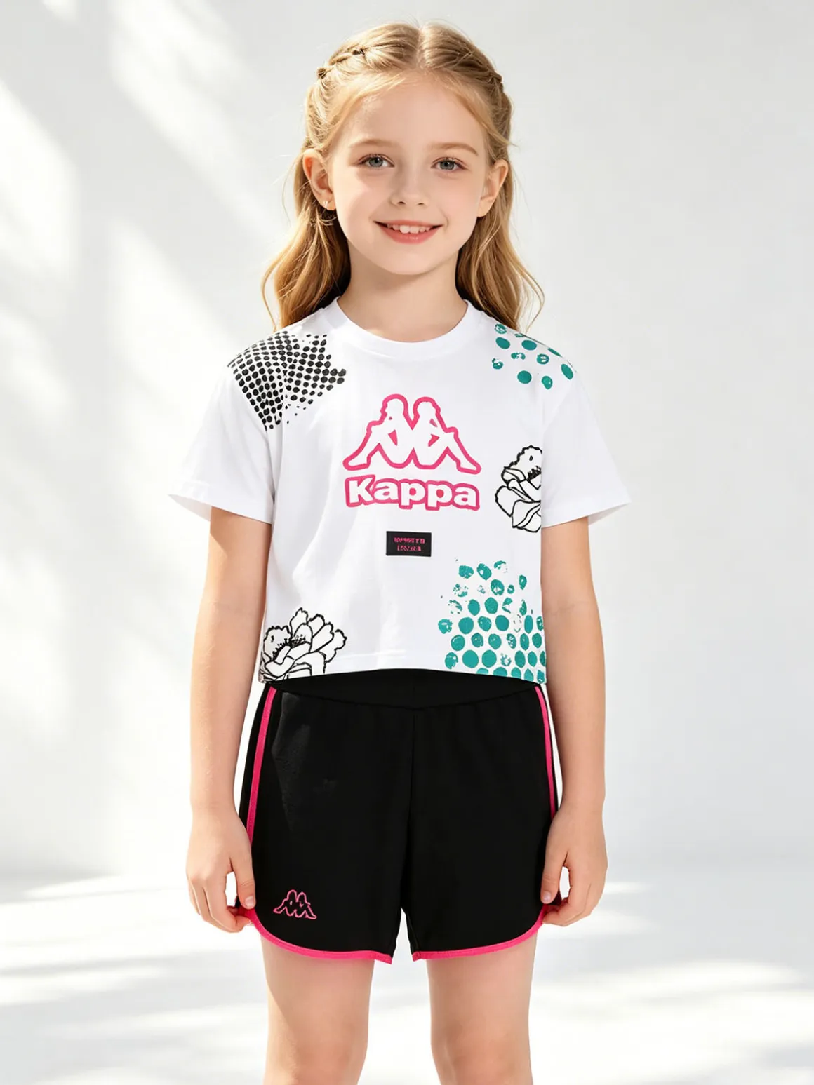 Kappa Completo corto da ragazza in cotone con t-shirt cropped e shorts - bianco