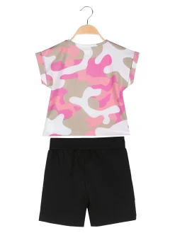 Kappa Completo corto da ragazza in cotone con t-shirt mimetica e shorts - rosa
