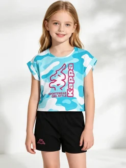 Kappa Completo corto da ragazza in cotone con t-shirt mimetica e shorts - turchese
