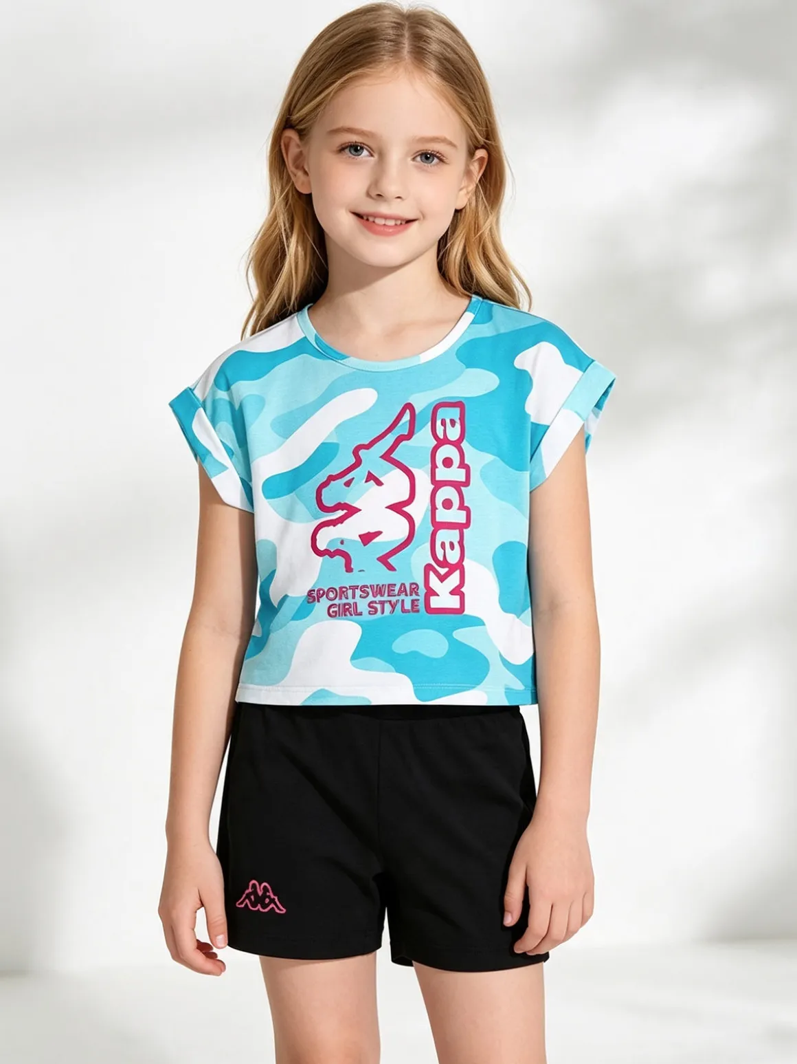 Kappa Completo corto da ragazza in cotone con t-shirt mimetica e shorts - turchese