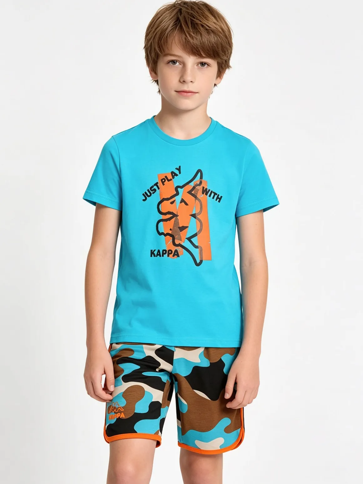 Kappa Completo corto 2 pezzi da ragazzo in cotone con t-shirt e bermuda militare - turchese