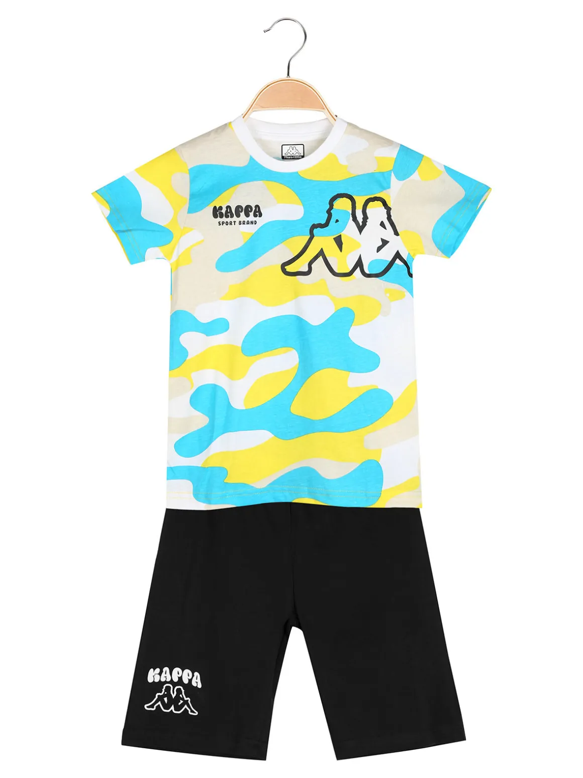 Kappa Completo corto 2 pezzi da ragazzo con t-shirt mimetica e bermuda - bianco