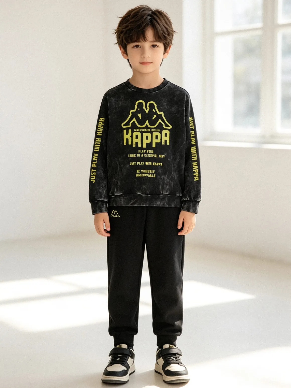 Kappa Completo tuta 2 pezzi da ragazzo in cotone con logo - nero