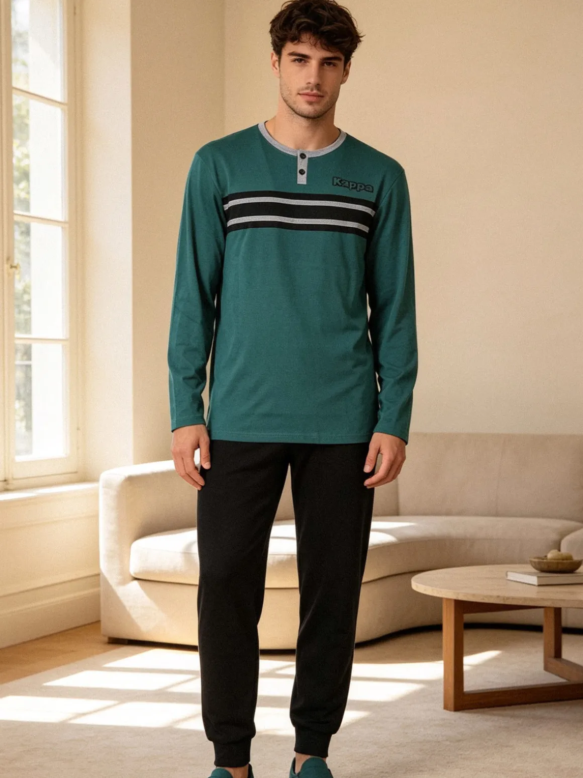 Kappa Pigiama da uomo in misto cotone interlock con logo - verde
