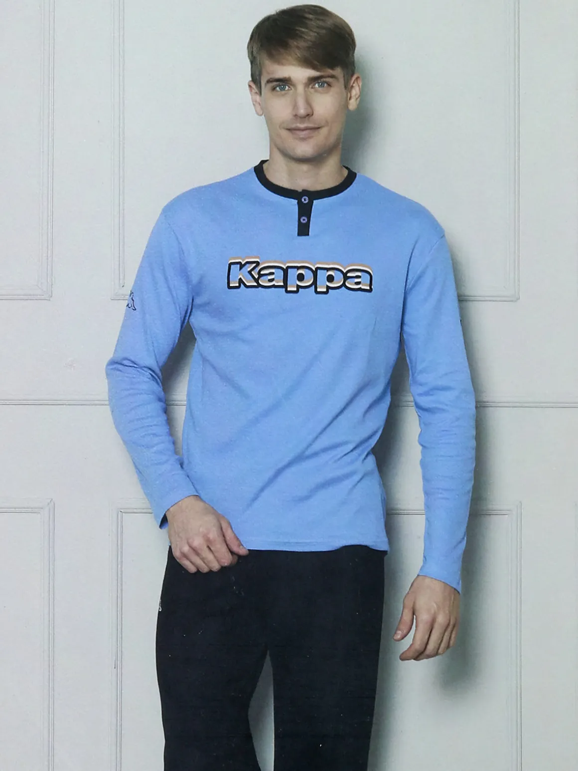 Kappa Pigiama da uomo in misto cotone interlock con logo - azzurro