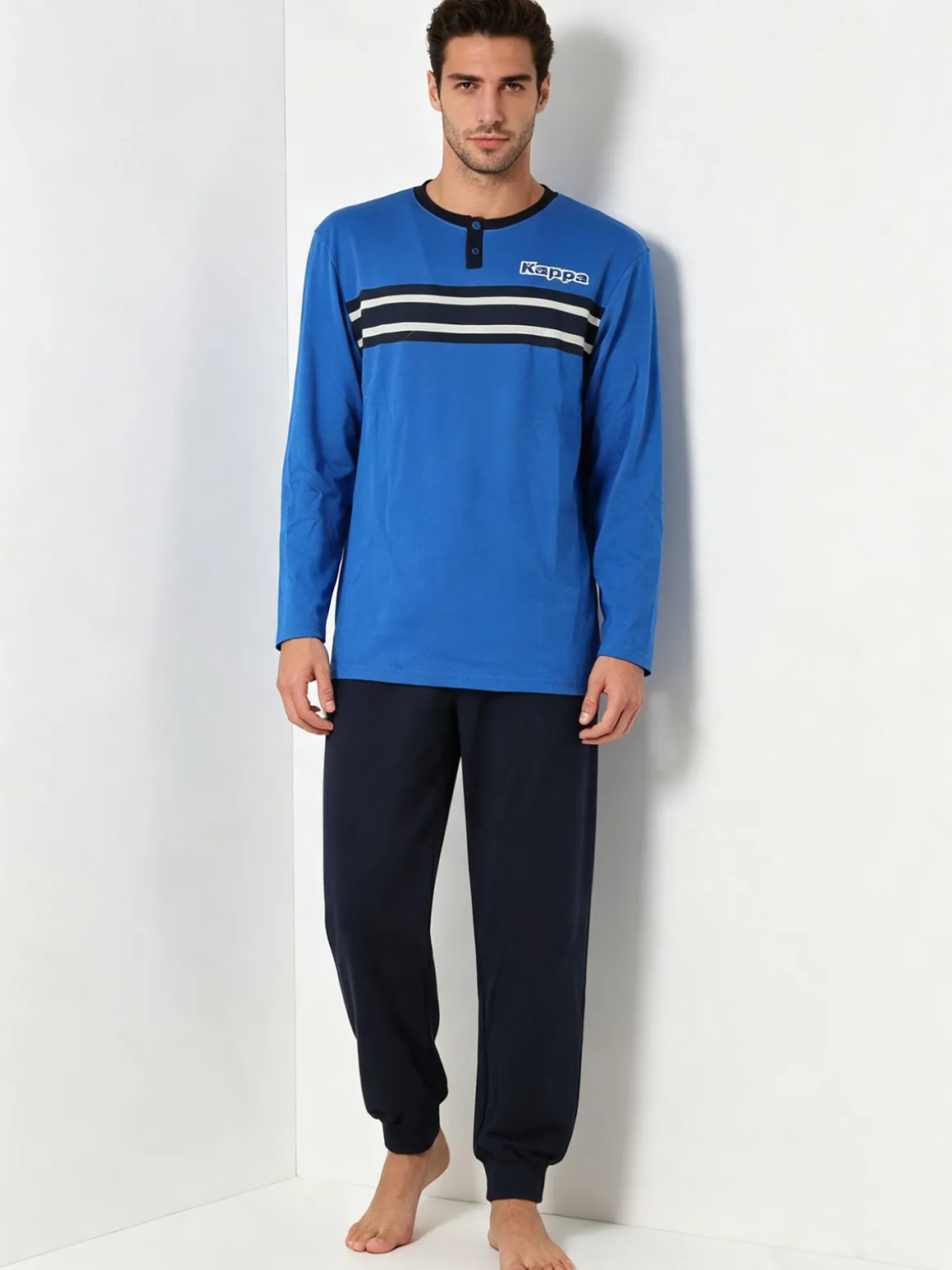 Kappa Pigiama da uomo in misto cotone interlock con logo - blu