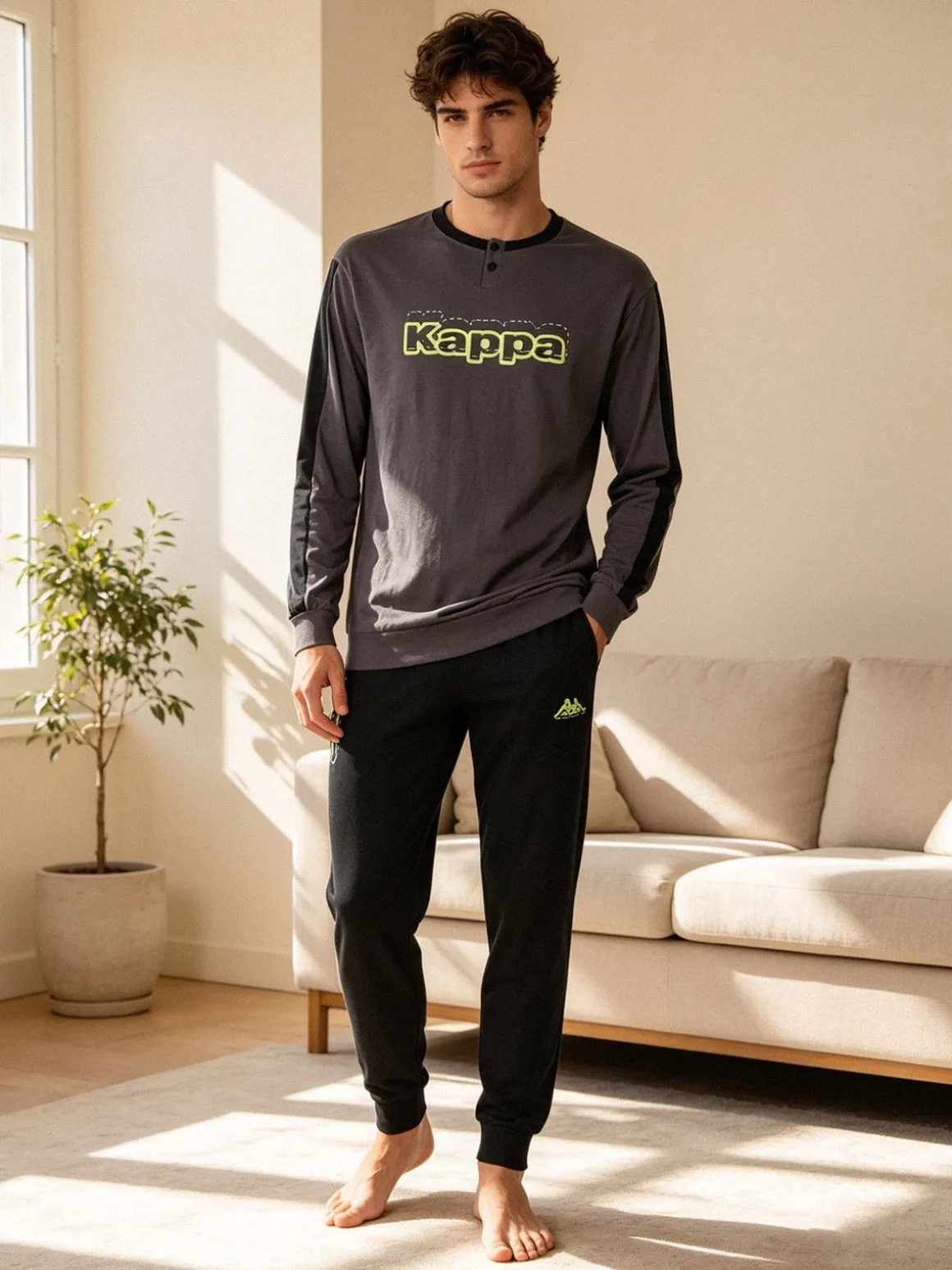 Kappa Pigiama lungo da uomo in cotone con logo - grigio scuro