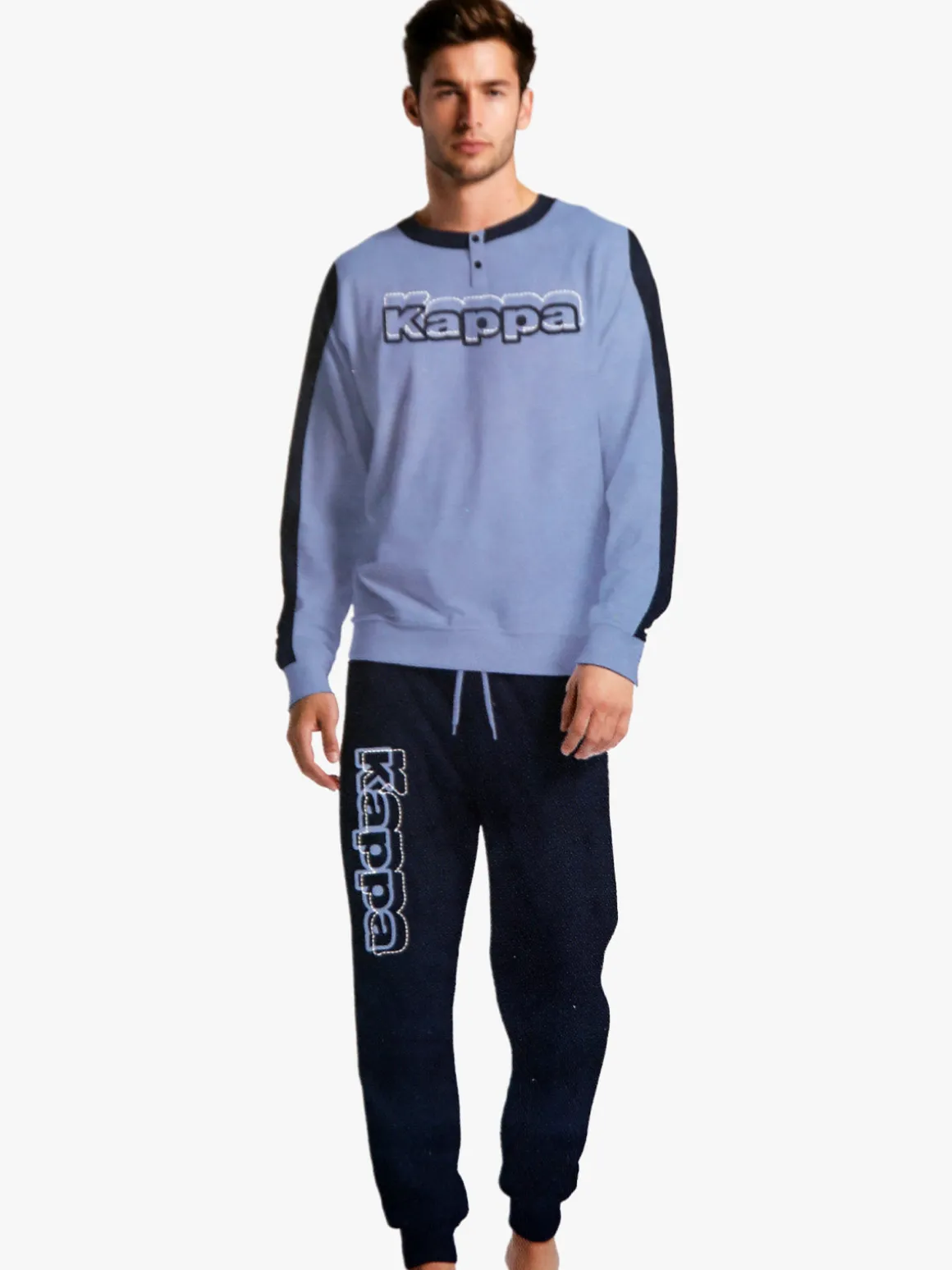 Kappa Pigiama lungo da uomo in cotone con logo - azzurro