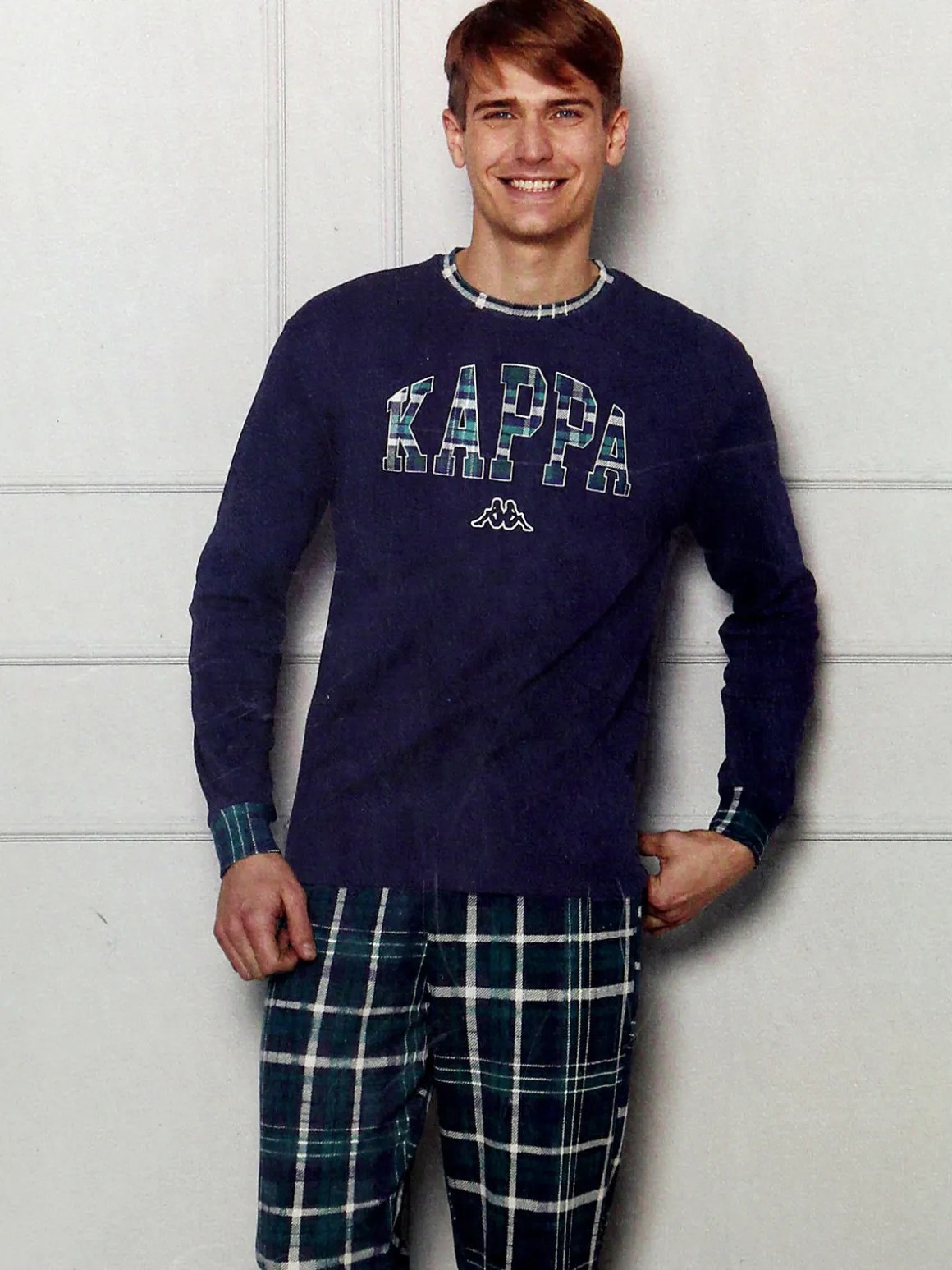 Kappa Pigiama lungo da uomo in cotone interlok con pantaloni a quadri - blu scuro