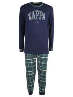 Kappa Pigiama lungo da uomo in cotone interlok con pantaloni a quadri - blu scuro