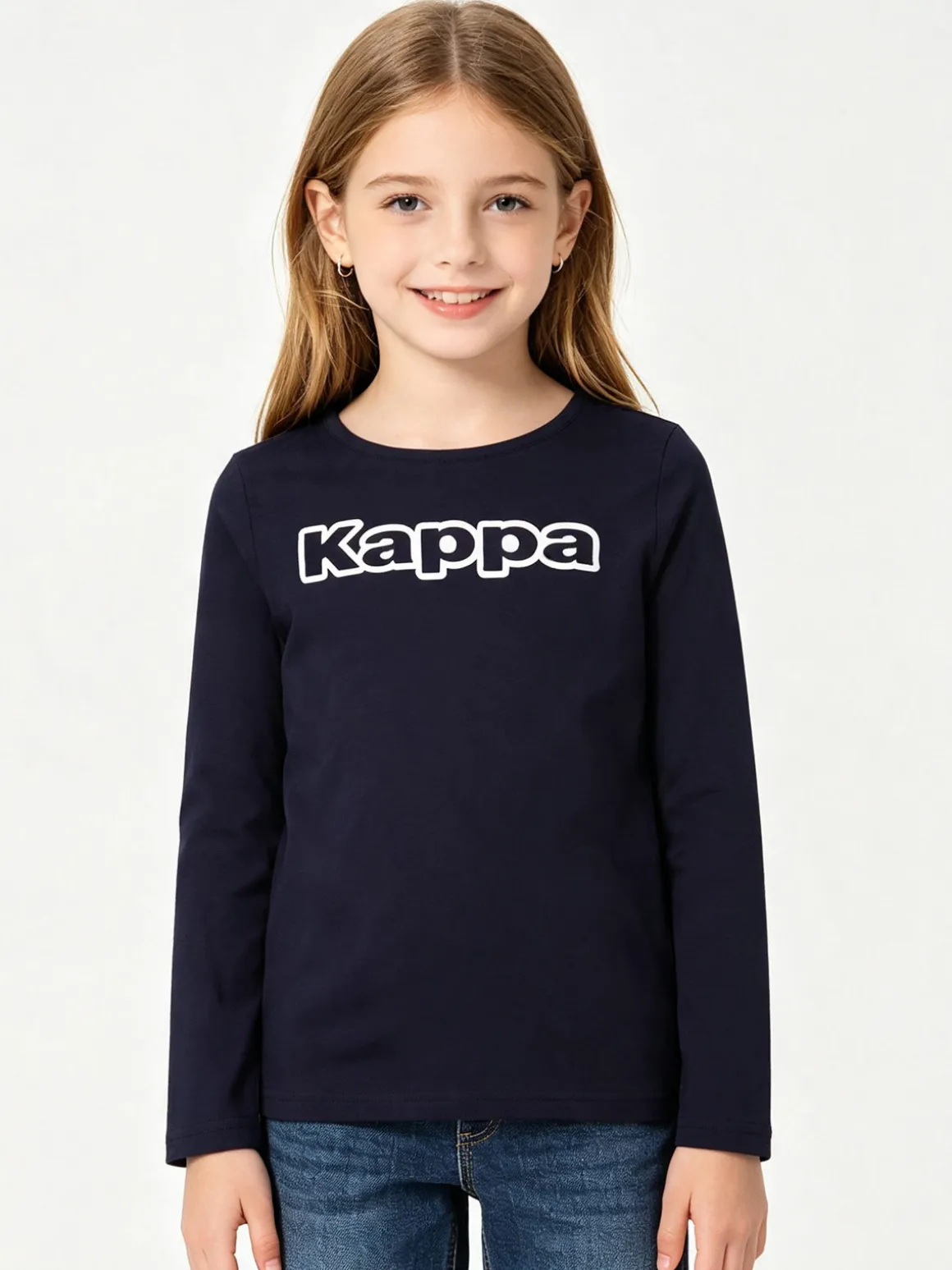 Kappa T-shirt girocollo da bambina a maniche lunghe con logo - blu scuro