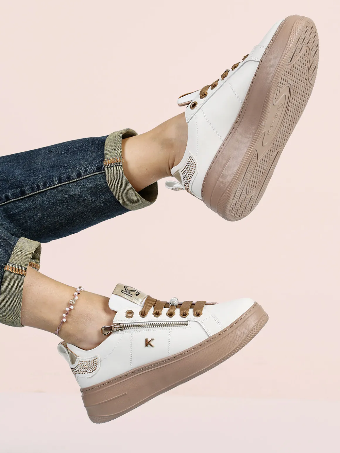 Keys Sneakers donna gioiello in pelle con platform - bianco