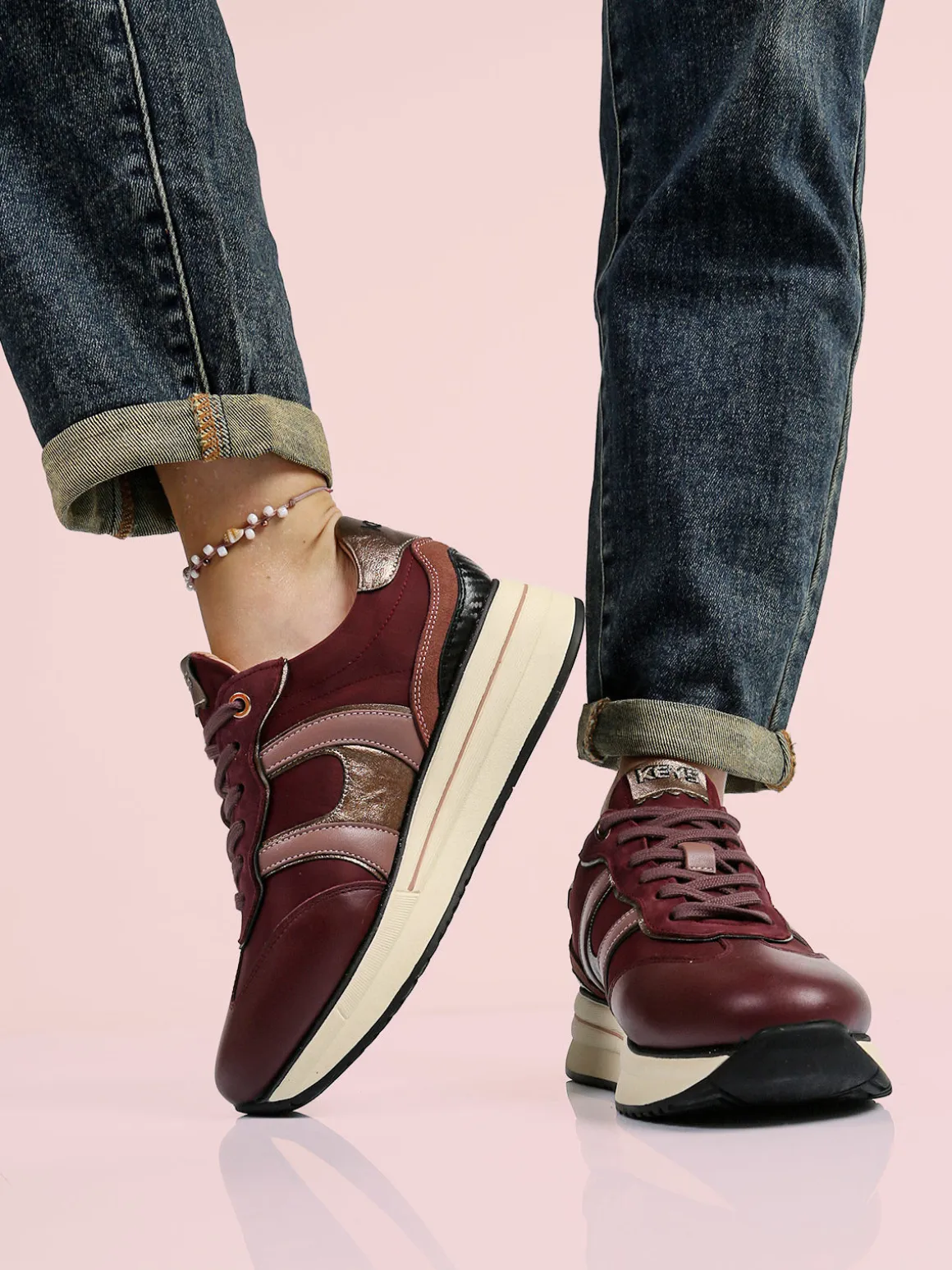 Keys Sneakers donna in pelle con platform - bordeaux