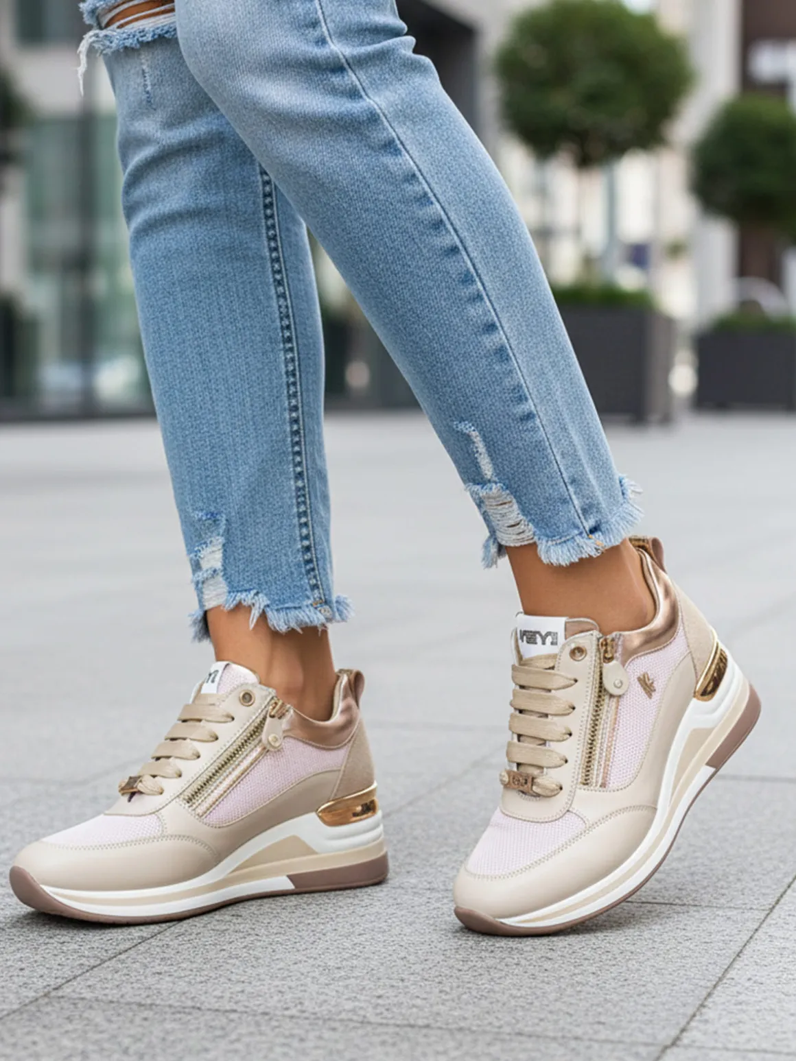 Keys Sneakers donna in pelle con zeppa - beige