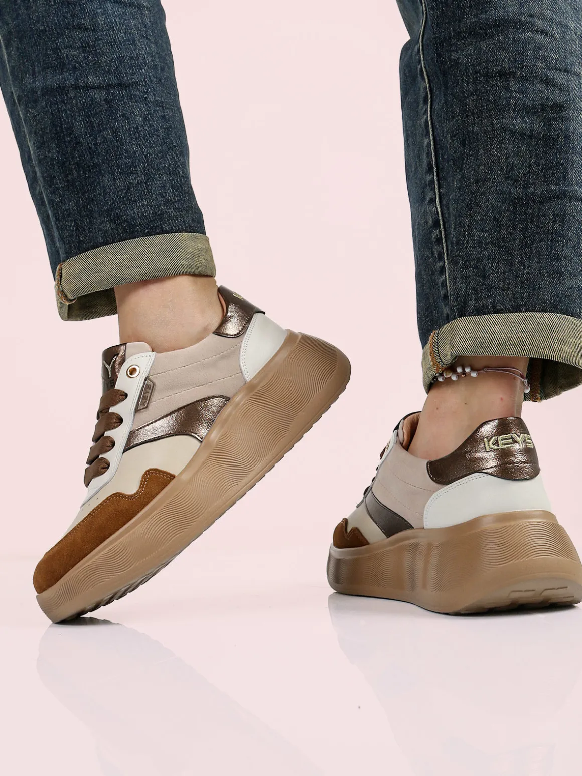 Keys Sneakers donna in pelle con platform - beige