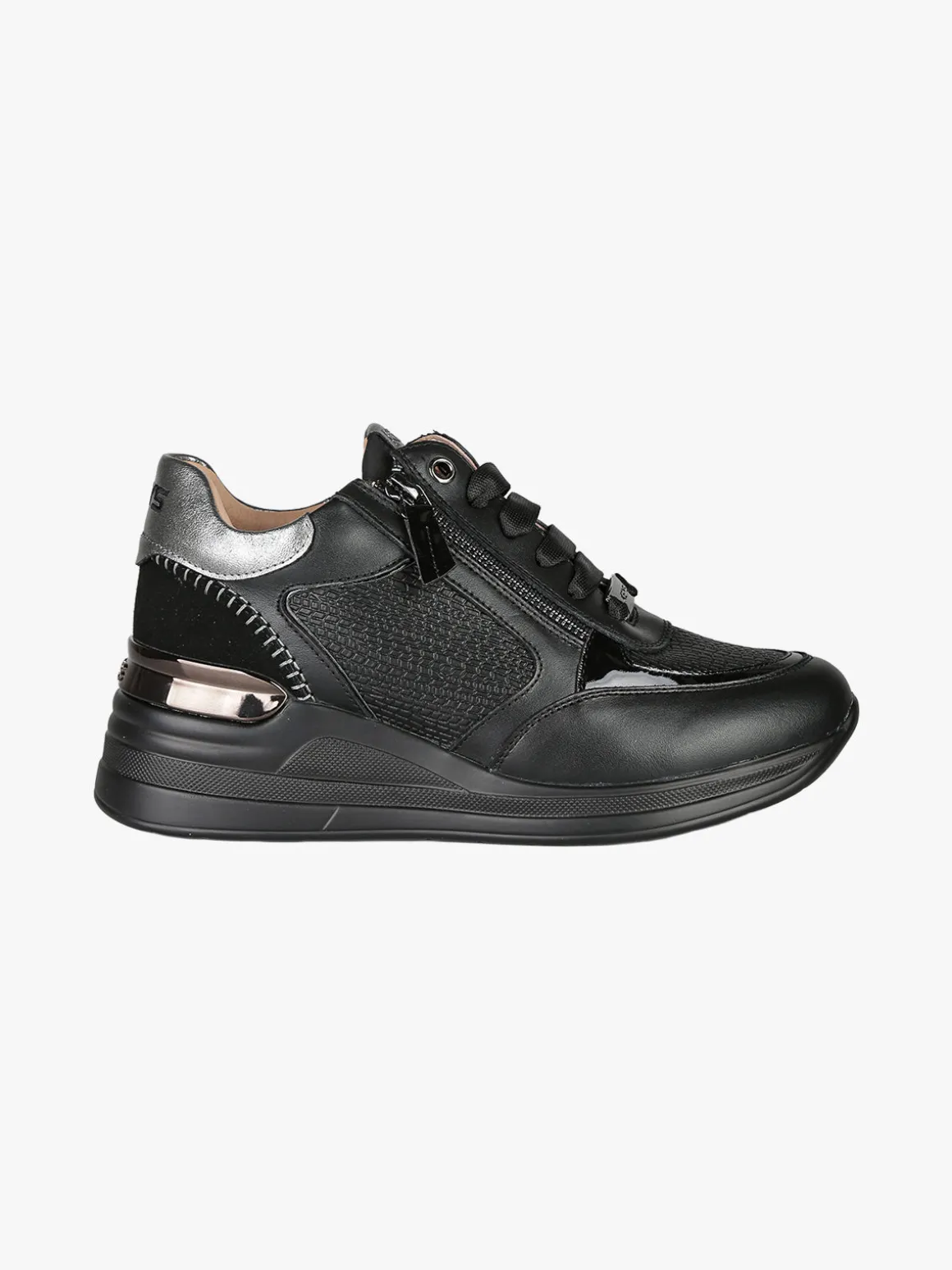 Keys Sneakers donna in pelle con zip e zeppa - nero