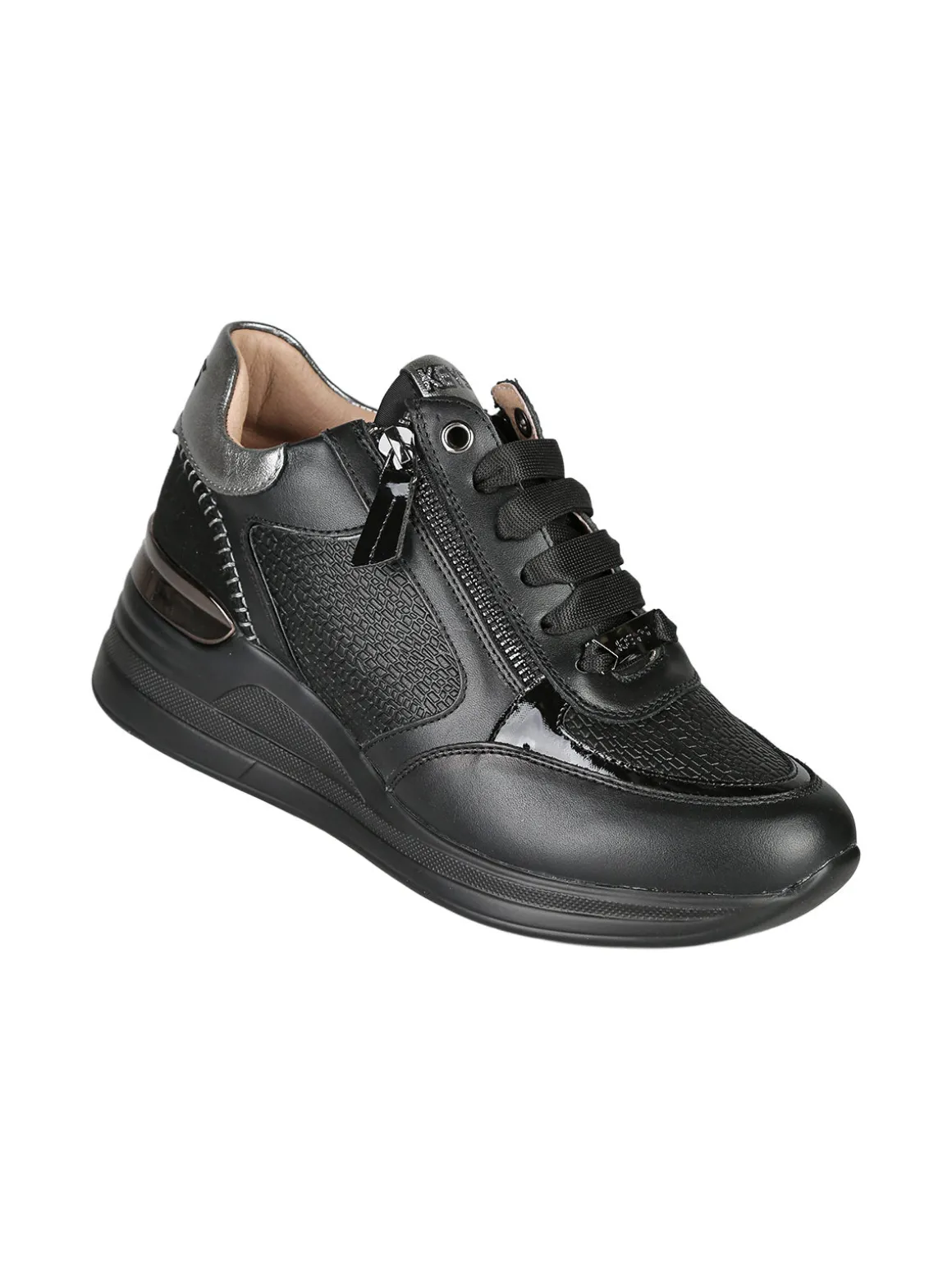 Keys Sneakers donna in pelle con zip e zeppa - nero