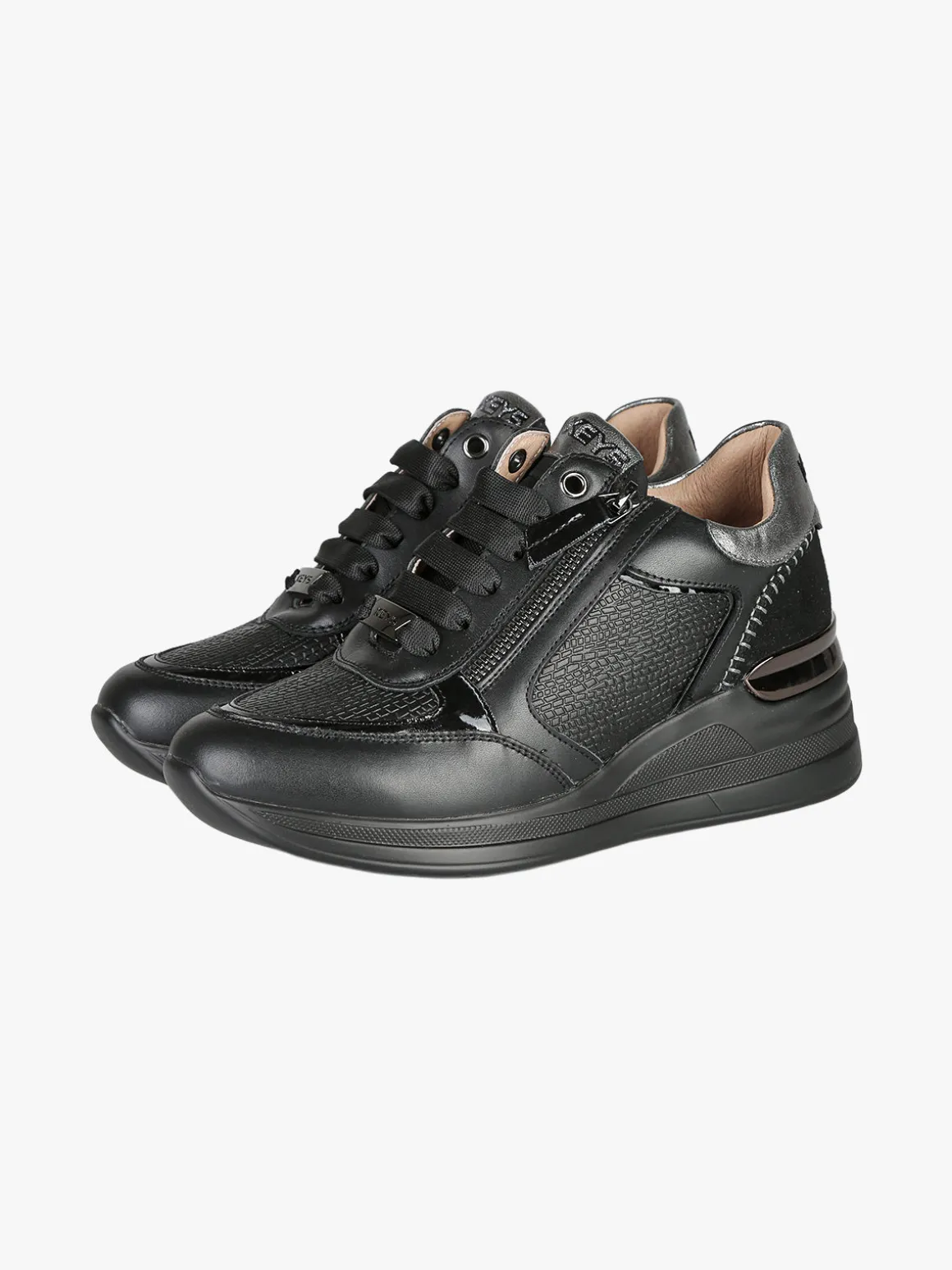 Keys Sneakers donna in pelle con zip e zeppa - nero