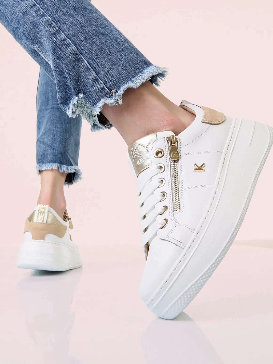 Keys Sneakers donna in pelle con platform e zip - bianco