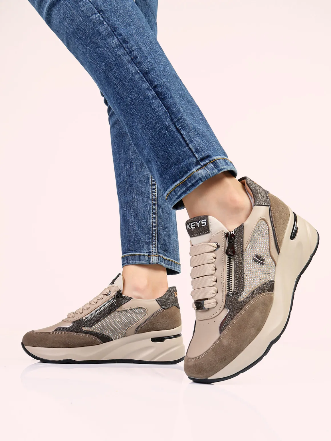 Keys Sneakers donna in pelle con zeppa - taupe