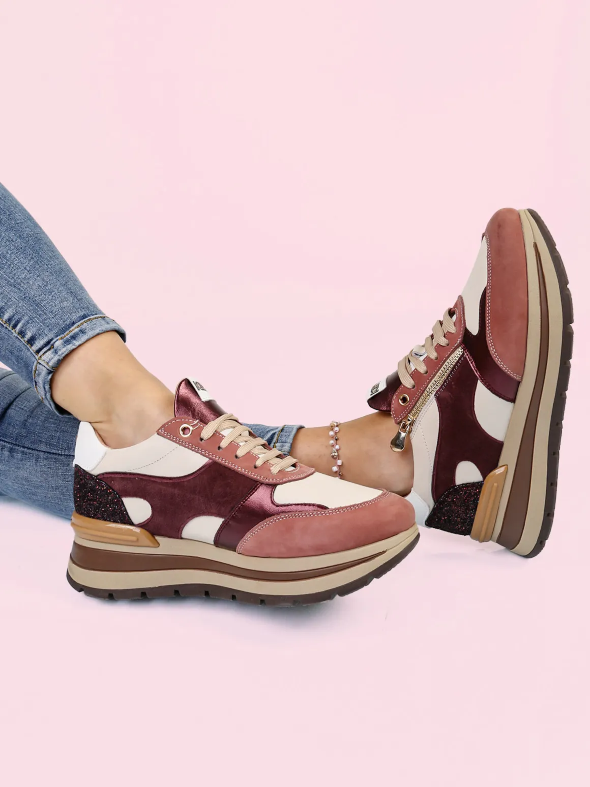 Keys Sneakers donna in pelle multicolore con platform - bordeaux