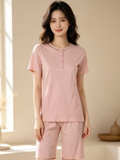 Kissimo Pigiama corto da donna in cotone - rosa