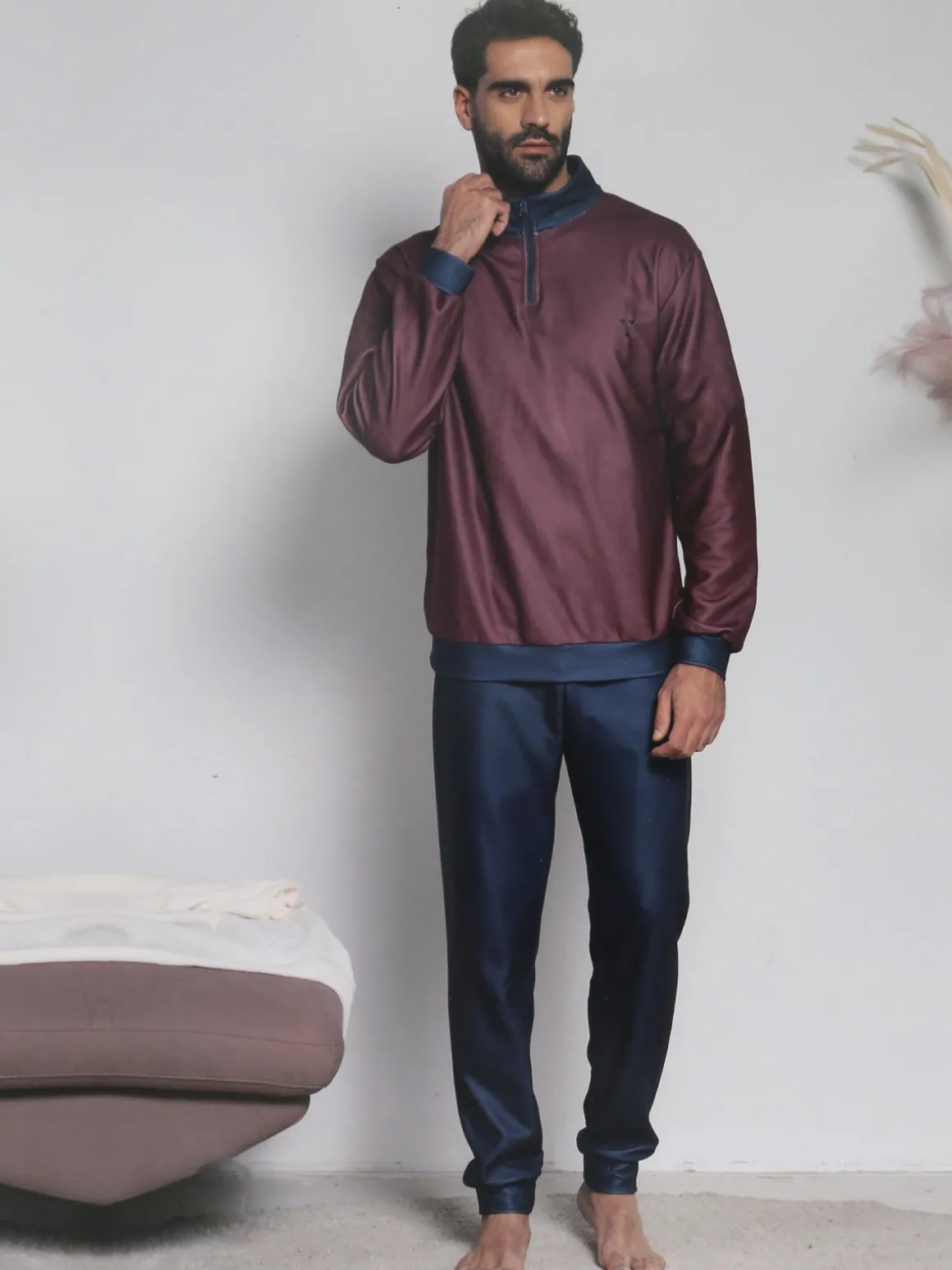 Kissimo Pigiama da uomo in pile mezza zip - bordeaux