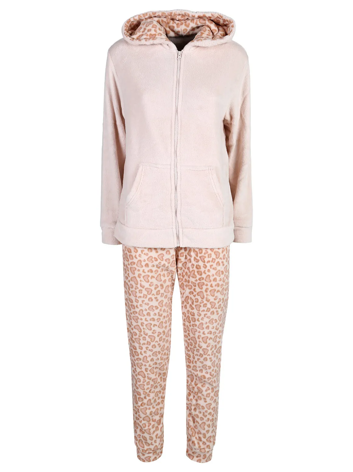 Kissimo Pigiama donna in pile con zip intera e pantaloni animalier - rosa