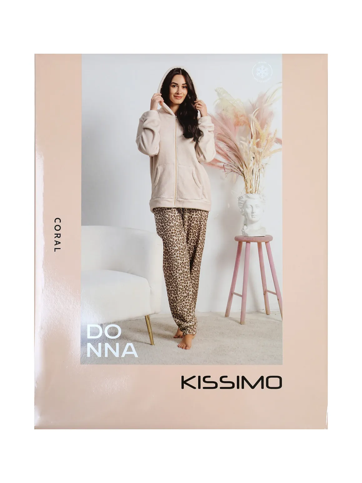 Kissimo Pigiama donna in pile con zip intera e pantaloni animalier - rosa