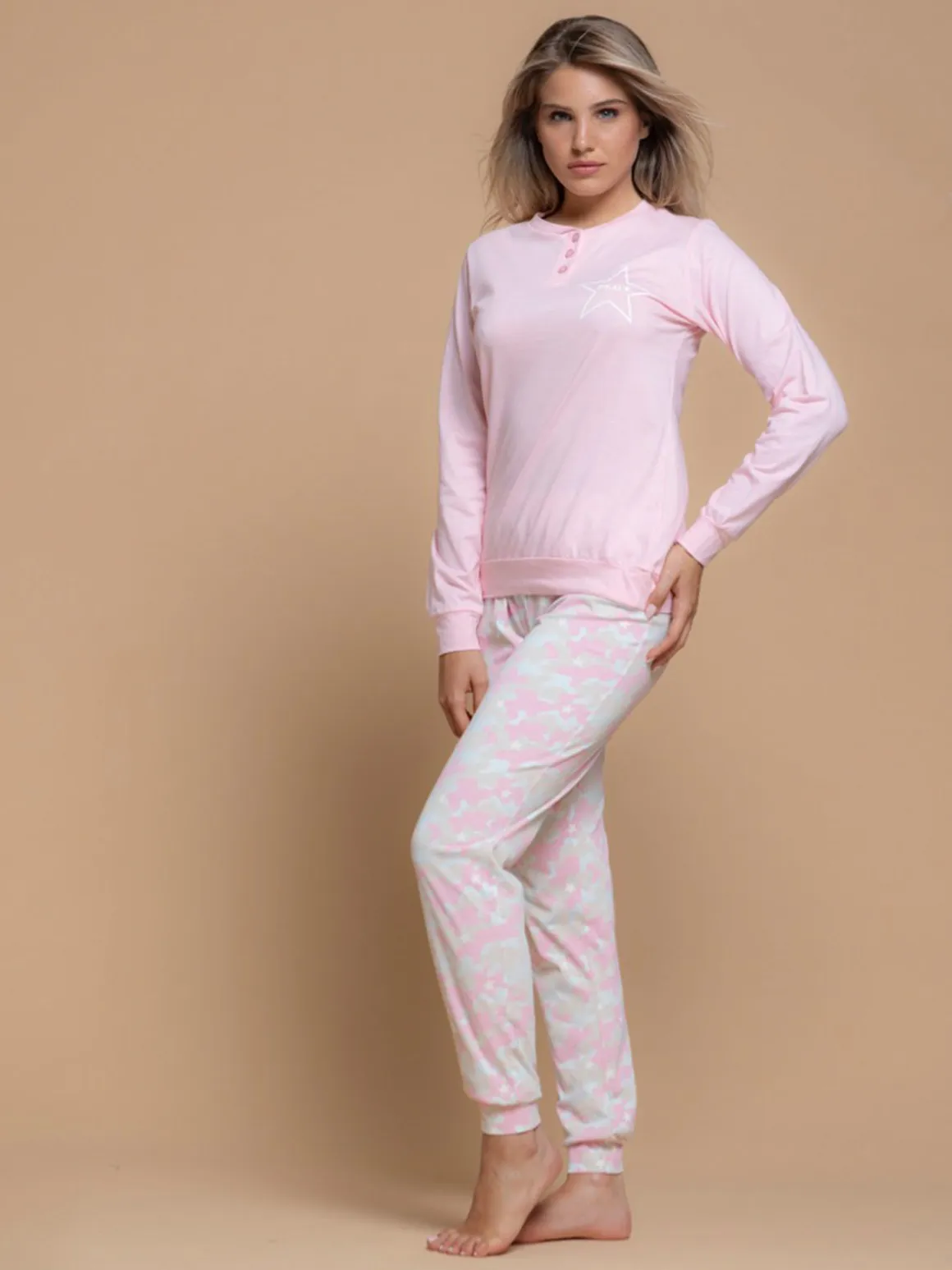 Kissimo Pigiama lungo da donna in cotone - rosa