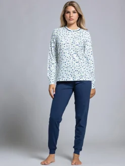 Kissimo Pigiama lungo da donna in cotone con stampa fiorata - blu scuro