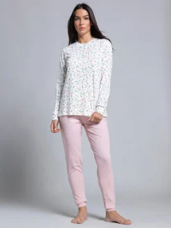 Kissimo Pigiama lungo da donna in cotone con stampa fiorata - rosa
