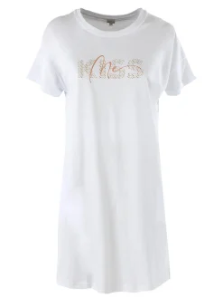 Kissimo Vestitino da donna in cotone a maniche corte con stampa scritta floreale - bianco