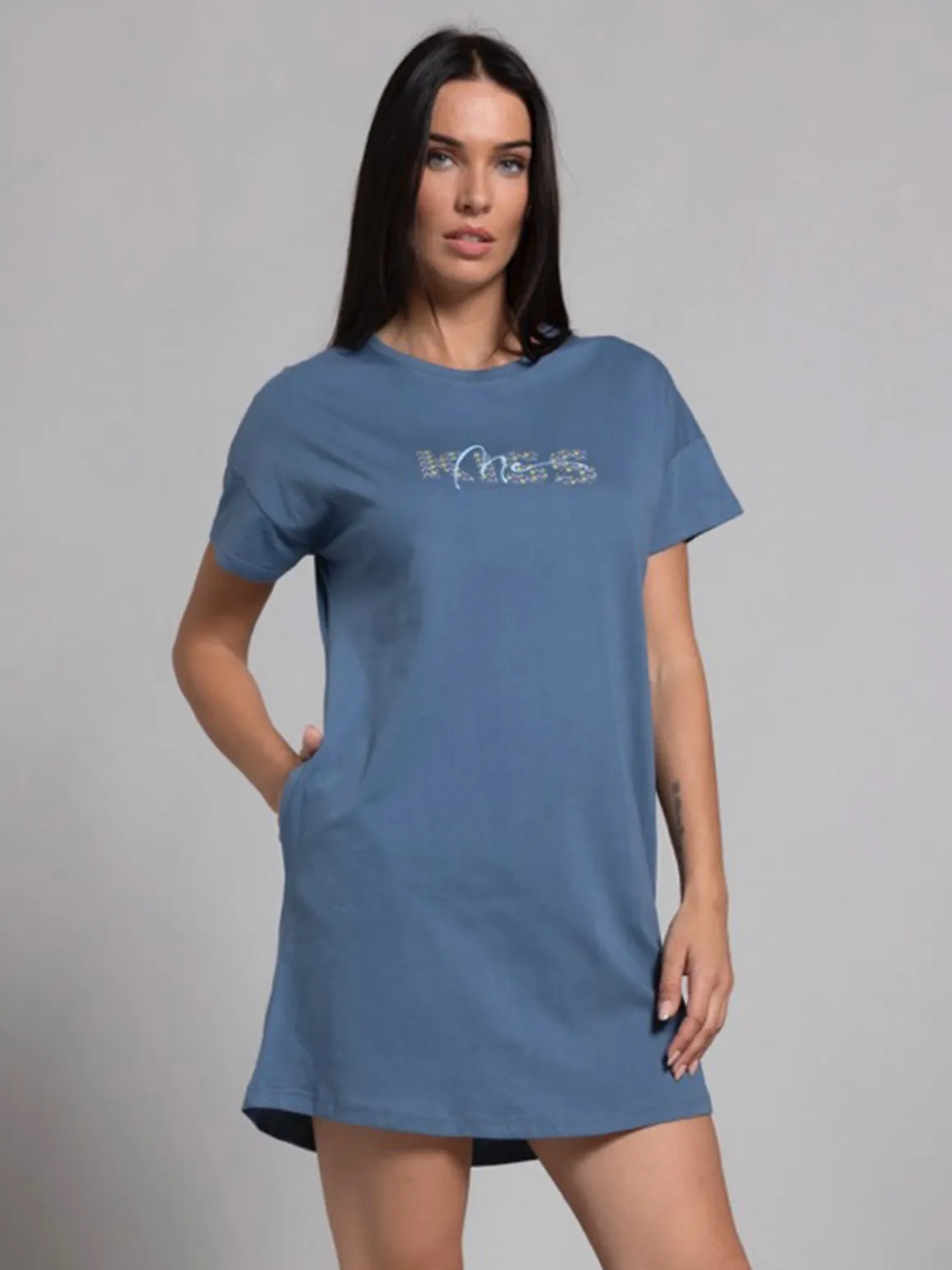 Kissimo Vestitino da donna in cotone a maniche corte con stampa scritta floreale - avion