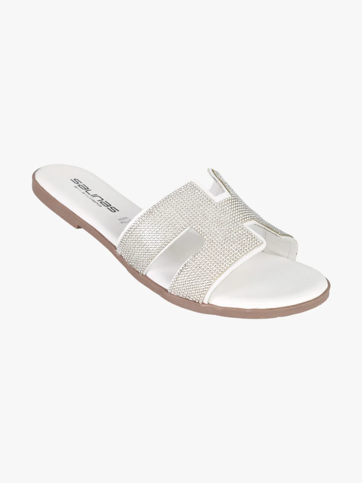 La Cuoieria Ciabatte donna in pelle con strass - bianco